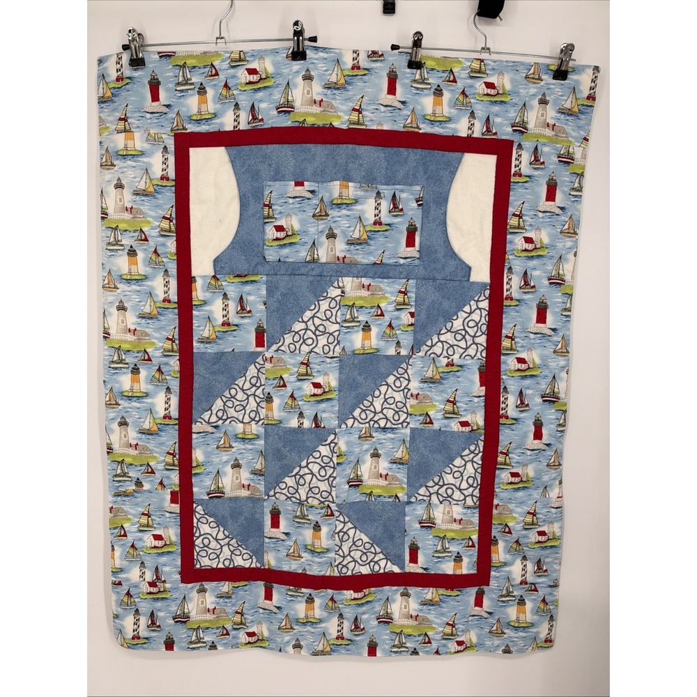 Baby Quilt Handmade Patchwork Crib Blanket With Pockets Boats Lighthouses